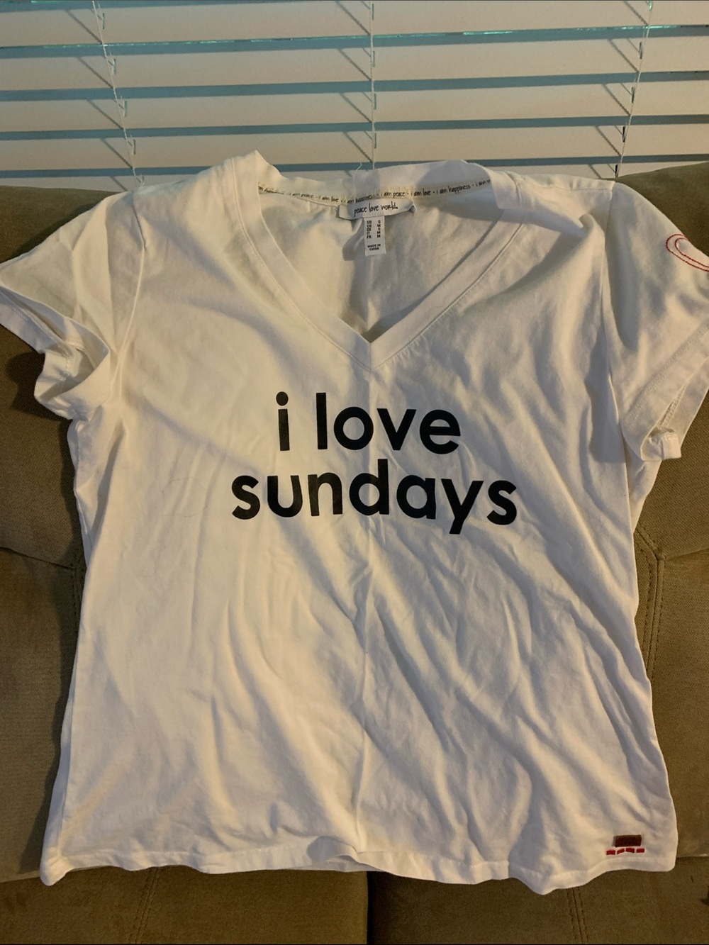 Peace Love World White V-Neck "i love sundays" Graphic Tee